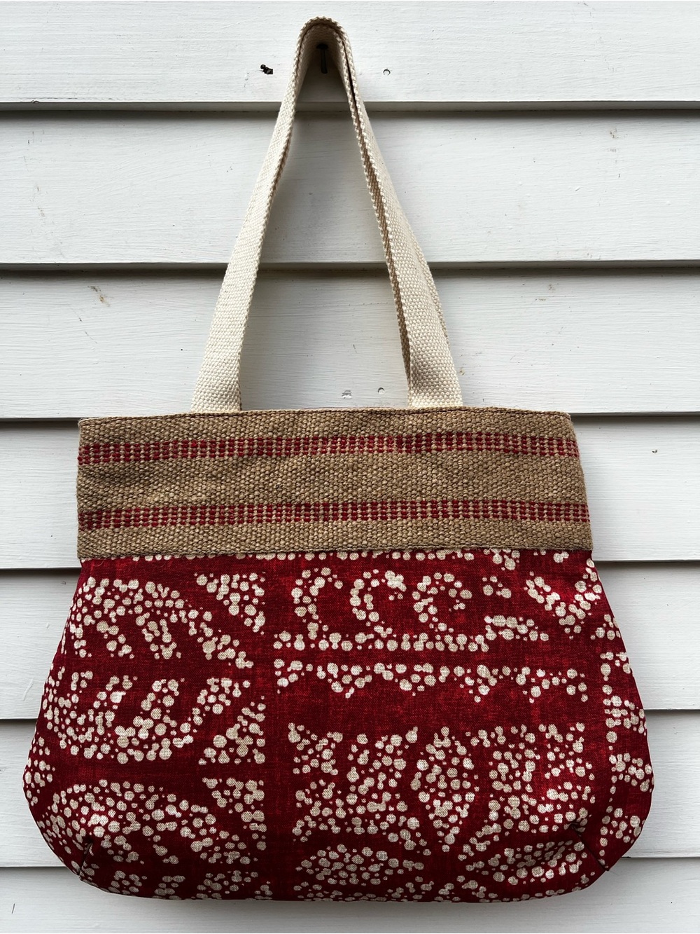 Jute Trim Red Canvas Tote with Cream Handles